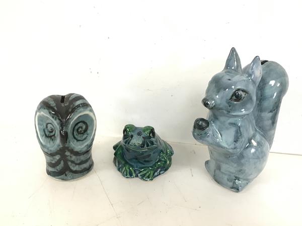 David Sharp for Rye Pottery, a Squirrel money bank and an Owl money bank, each in mottled blue glaze