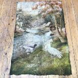 A 1920s running stitch wall hanging with Stream, Doves and Waterwheel (112cm x 72cm)