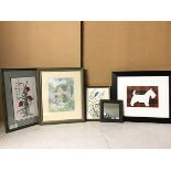 An assortment of framed artworks including a ceramic tile with Kingfishers, Coastal Scene, oil on