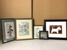 An assortment of framed artworks including a ceramic tile with Kingfishers, Coastal Scene, oil on