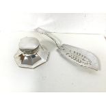 A 1930s Capstan style inkwell (5.5cm x 12cm) (without glass insert: 299.27g) and an Epns fish