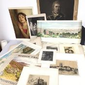 A portfolio containing a large quantity of 19thc and 20thc prints including etchings, engravings,