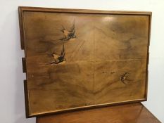 A 1930s walnut drinks tray, one side having inlaid swallows proclaiming in French, Nous