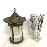 An Edwardian brass hall lantern with naturalistic piercings to top, with cylindrical glass shade (