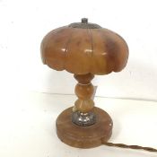 A 1930s/40s alabaster table lamp with scalloped shade above a turned stem on circular base (24cm x