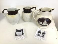 Three large dry-bodied stoneware jugs, one marked T&J Hollins another possibly Ridgeway, all with