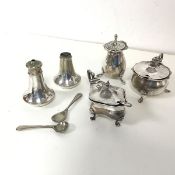 A Birmingham silver pepperette (8cm), two Chester silver condiments and single silver spoon,