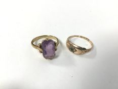 A 9ct gold ring set baguette amethyst (K) and another 9ct gold ring set green stone with surround of