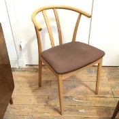 A light oak side chair with hoop top rail above a chocolate brown upholstered seat, on straight