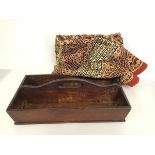 An early 20thc wooden workman's tray (12cm x 41cm x 22cm) and an Indian style sheet in autumnal