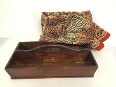 An early 20thc wooden workman's tray (12cm x 41cm x 22cm) and an Indian style sheet in autumnal