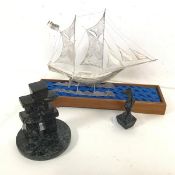 A mixed lot including a wirework model of a Ship on wooden base (26cm x 35cm x 10cm) and a