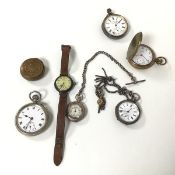 A collection of pocket watches including two Edwardian pocket watches on silver albert chains, a