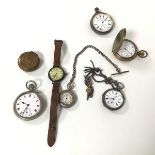 A collection of pocket watches including two Edwardian pocket watches on silver albert chains, a