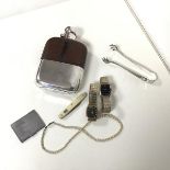 A mixed lot including an Edwardian Epns and leather hip flask (15cm x 9cm), paste pearls, with clasp