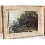 Early 20thc. Continental School, Farm Scene with Blossom, oil on canvas (17cm x 25cm)