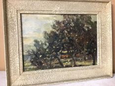 Early 20thc. Continental School, Farm Scene with Blossom, oil on canvas (17cm x 25cm)
