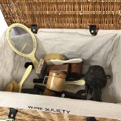 A mixed lot including a Wine Society wicker basket (24cm x 52cm x 35cm), a quantity of assorted