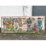 A large decorative naive 1950s/60s mural possibly from a FunFair with dancers, mimes, jesters,