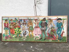 A large decorative naive 1950s/60s mural possibly from a FunFair with dancers, mimes, jesters,