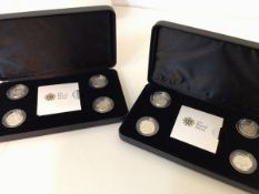 Two sets of cities 4 x £1 silver proof Piedfort coins in boxes of issue