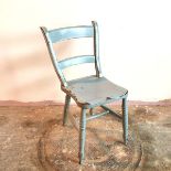 A painted side chair, in eggshell blue (losses), on turned supports united by H stretcher (82cm x