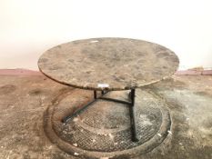 A modern coffee table with marble circular top on metal angled base (37cm x 70cm)
