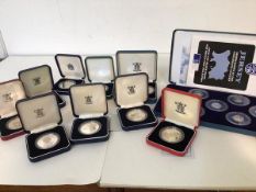 Jersey and Guernsey silver proof coins, includes seven x £1 Piedfort Shipbuilders Jersey, five x