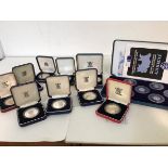 Jersey and Guernsey silver proof coins, includes seven x £1 Piedfort Shipbuilders Jersey, five x