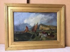 19thc. School, Seascape with Boats, oil on canvas (22cm x 34cm)