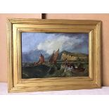 19thc. School, Seascape with Boats, oil on canvas (22cm x 34cm)
