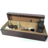 A mixed lot including a mahogany box with lift up top (14cm x 49cm x 18cm), a treen figure of an