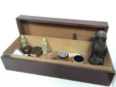 A mixed lot including a mahogany box with lift up top (14cm x 49cm x 18cm), a treen figure of an