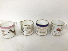 A set of four Victorian painted cups commemorating the birth of four Bain children, each cup stating