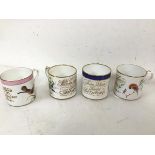 A set of four Victorian painted cups commemorating the birth of four Bain children, each cup stating