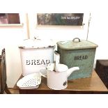 A white enamelled bread box (some losses), a watering can and perforated dish together with