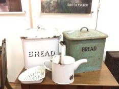 A white enamelled bread box (some losses), a watering can and perforated dish together with