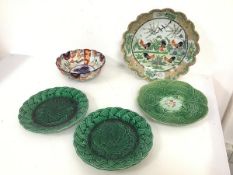 A mixed lot of plates including a 1920s/30s Chinese scalloped dish decorated with Roosters, an Imari