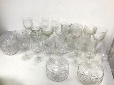A collection of stemware of various cuts, etchings and designs, including six etched and cut glass