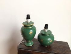 A wooden painted table lamp of urn form with fleur de lys decoration (to top of lampholder: 20cm)