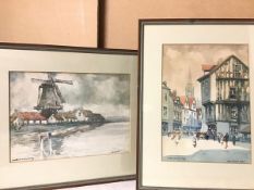 Victor Noble Rainbird, Cour d'Albane Rouen, watercolour (34cm x 25cm) and another in Belgium, both