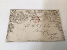 First Mulready postage one penny envelope, postmarked February 1841