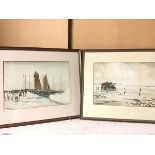 Victor Noble Rainbird, Figures on a Pier, watercolour, signed bottom left, paper label verso with