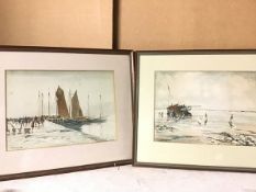 Victor Noble Rainbird, Figures on a Pier, watercolour, signed bottom left, paper label verso with