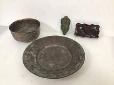 A mixed lot including a Chinese carved panel of naturalistic form, with turquoise cabochons (one