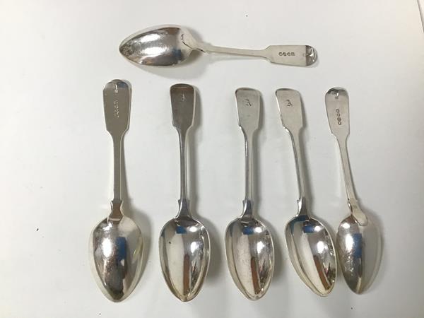 A set of six 1839 London silver spoons, each with intial A, makers mark SHDC (18cm) (combined: 282.