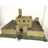 A 1940s/50s wooden toy castle, gate bears painted plaque Loch Lomond Castle above drawbridge, with