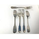 A set of five 1799 and 1801 London silver forks 9each: 19cm) (combined: 329.30g)