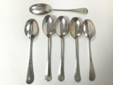 A set of six 1921 Sheffield silver spoons, initialled M (combined: 500g)