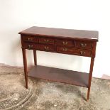 A reproduction hall table, with four frieze drawers above two short drawers, on straight tapering